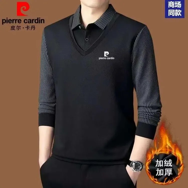 皮尔卡丹男士翻领假两件秋冬季加绒时尚休闲中年长袖POLO衫
