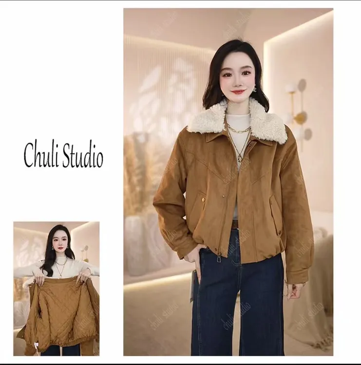【ChuLi】美拉德咖啡色2025冬季新款毛绒翻领机车夹克短款外套秋冬