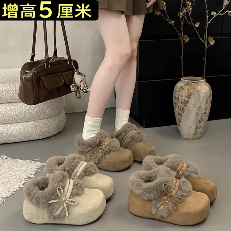 蝴蝶结毛毛勃肯鞋女2025冬季新款内增高魔术贴加绒保暖小个子棉鞋
