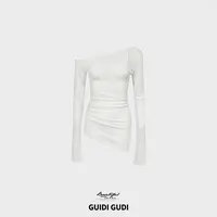 GUIDI GUDI【冰棍】气质高级感修身斜肩长袖/黄加蓝  