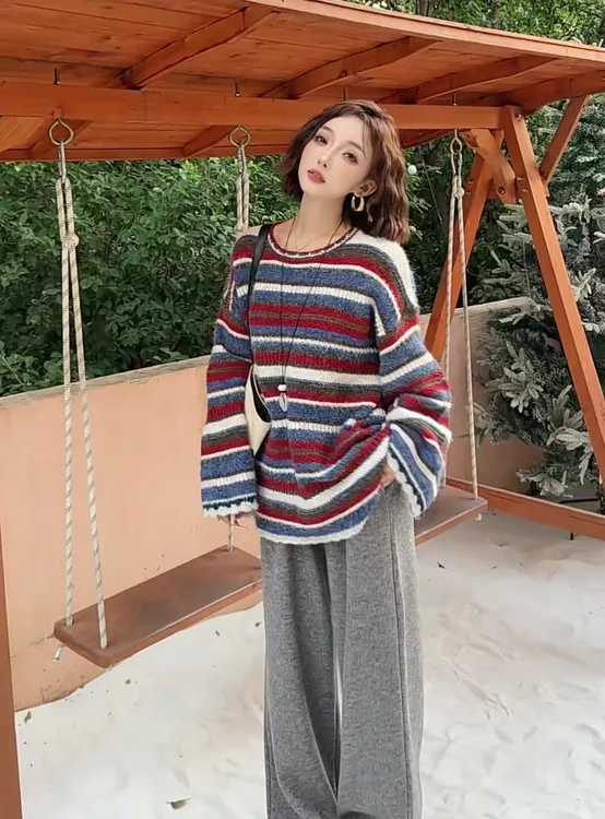 2025圣诞系列条纹撞色设计感毛衣复古慵懒风上衣阔腿裤子两件套装
