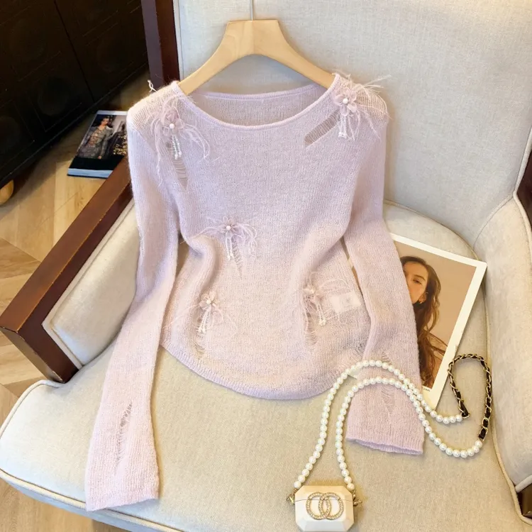 法式花朵针织衫女秋季新款破洞温柔甜美长袖圆领镂空T恤打底毛衣