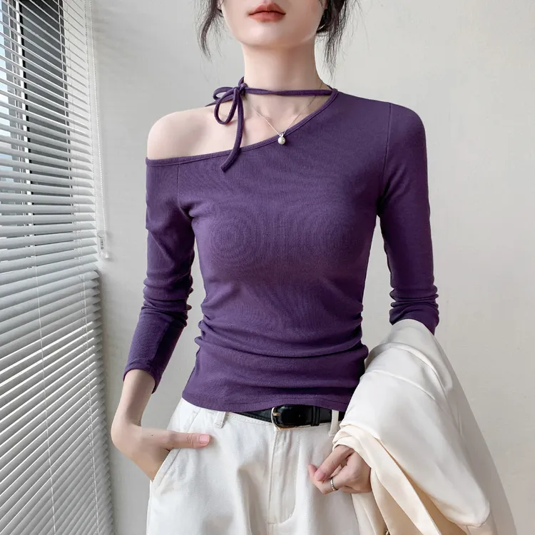 斜领露肩系带长袖T恤女2025秋季新款小众修身辣妹内搭打底衫上衣