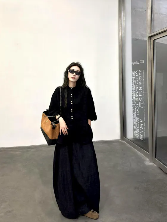 2025新款秋季高级感黑色宽松显瘦上衣女慵懒风休闲时尚百搭阔腿裤