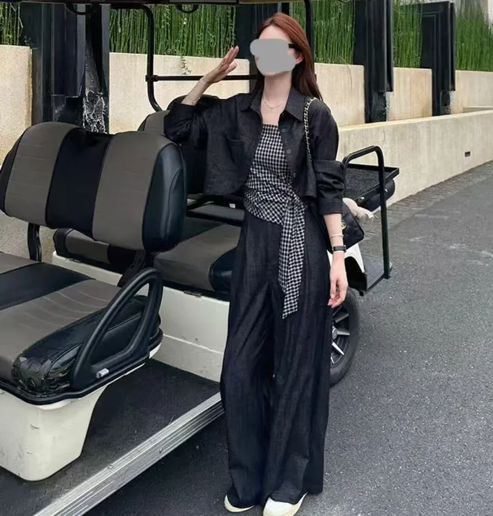 时尚套装女2025秋季新款洋气显瘦设计感长袖上衣吊带阔腿裤三件套