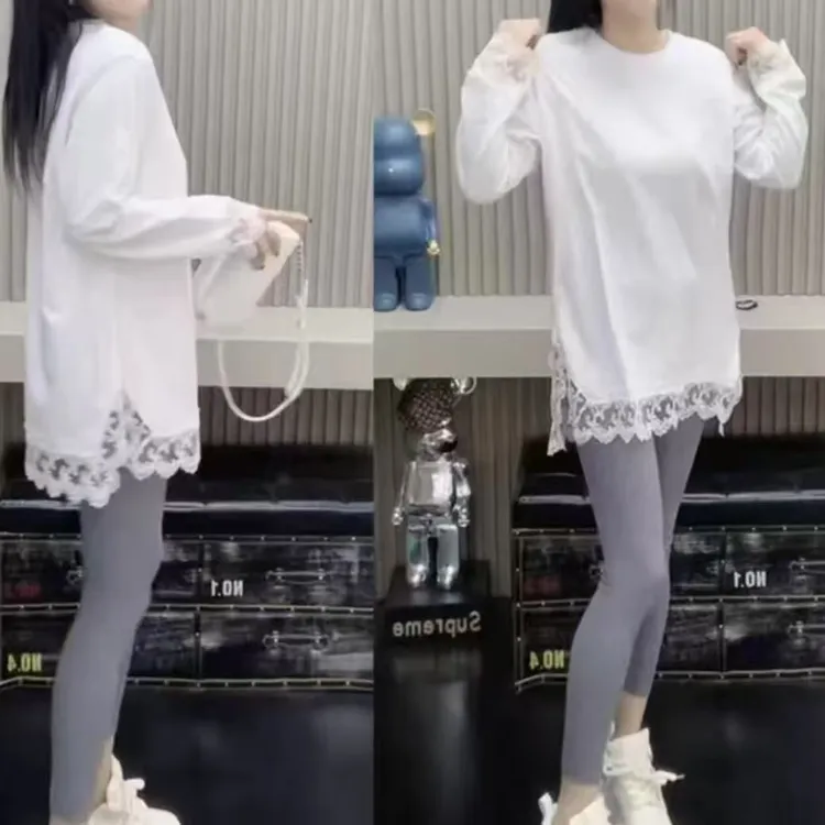 【下摆拼接蕾丝】宽松百搭圆领拼接蕾丝减龄显瘦T恤内搭打底衫上衣