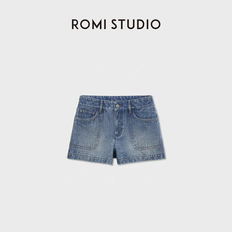 ROMI STUDIO“美式复古”竹节棉混纺高腰提臀牛仔短裤 RWDRX83130