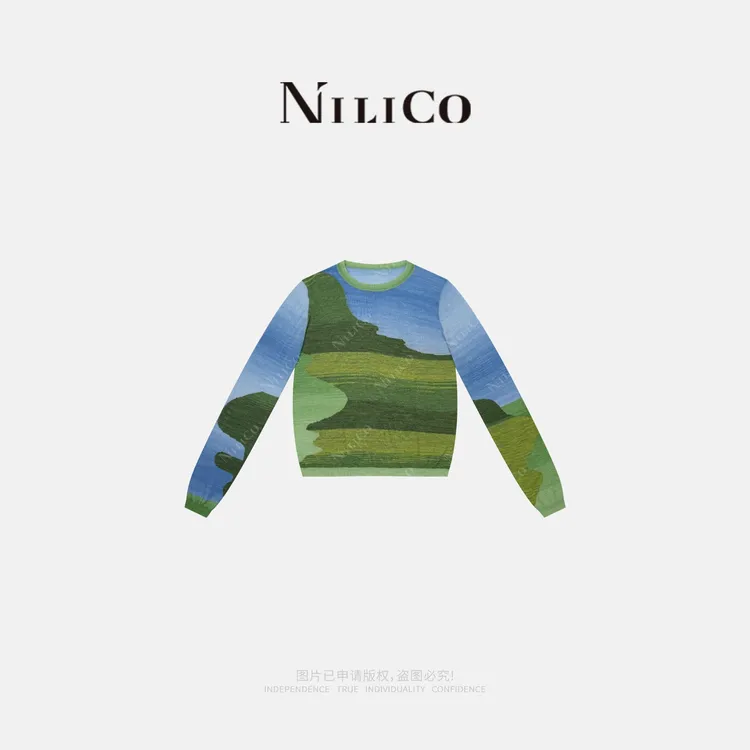 NILICO【诗画】休闲宽松圆领抽象渐变色毛针织衫女薄款上衣