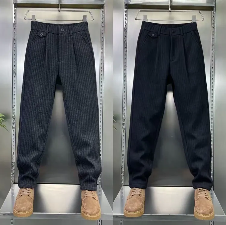 2025秋冬新款男士高档加绒加厚条纹商务休闲裤时尚轻奢保暖长裤子