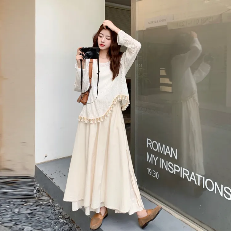 波西米亚风镂空罩衫绑带半裙2025早秋新款温柔气质韩系ins风套装
