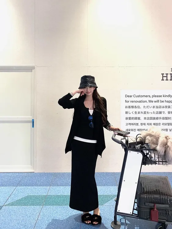 静奢风韩版休闲开衫＋假两件长袖T恤上衣女显瘦高腰气质时尚半身裙