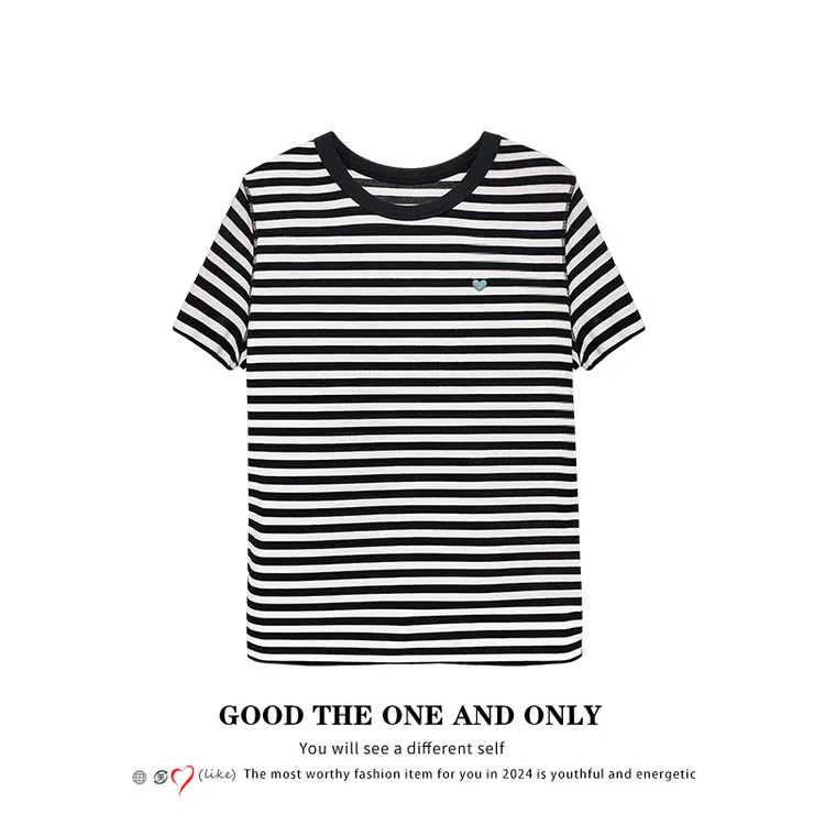时尚欧货简约撞色拼接刺绣精密夏季黑色情侣条纹T恤103440