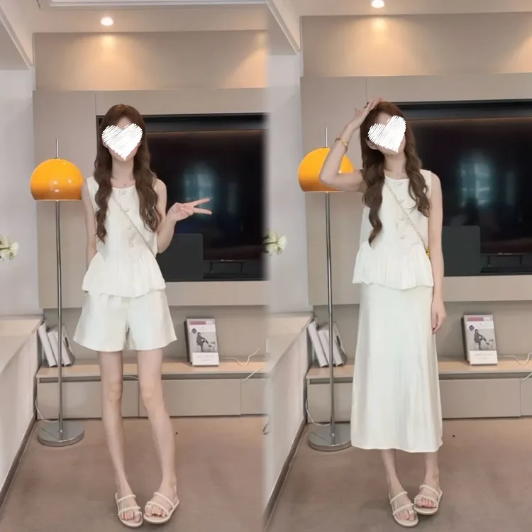 微胖大码休闲时尚套装女2025夏季新款高级感飘带拼接珠光白两件套