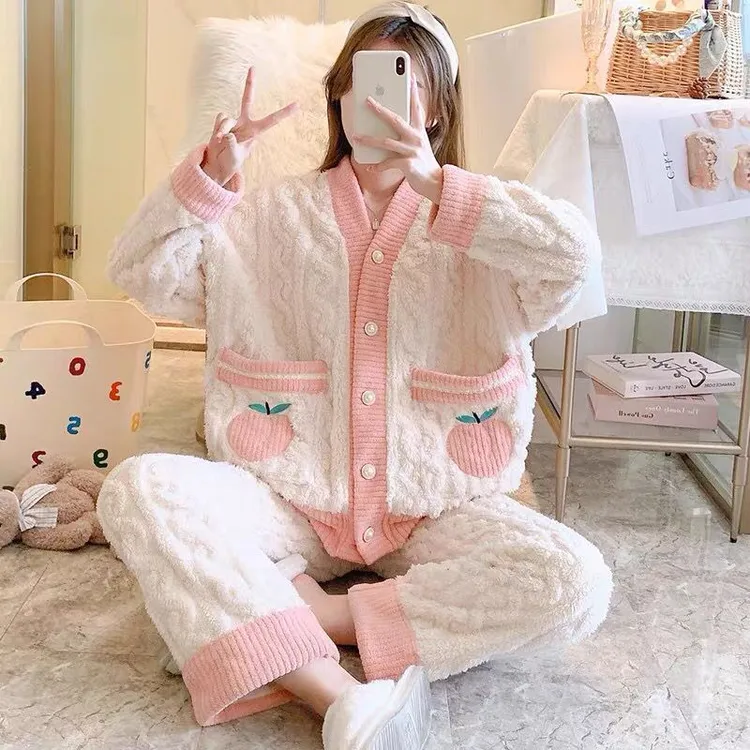 珊瑚绒睡衣女秋冬季学生韩版甜美可爱加厚法兰绒公主风家居服套装