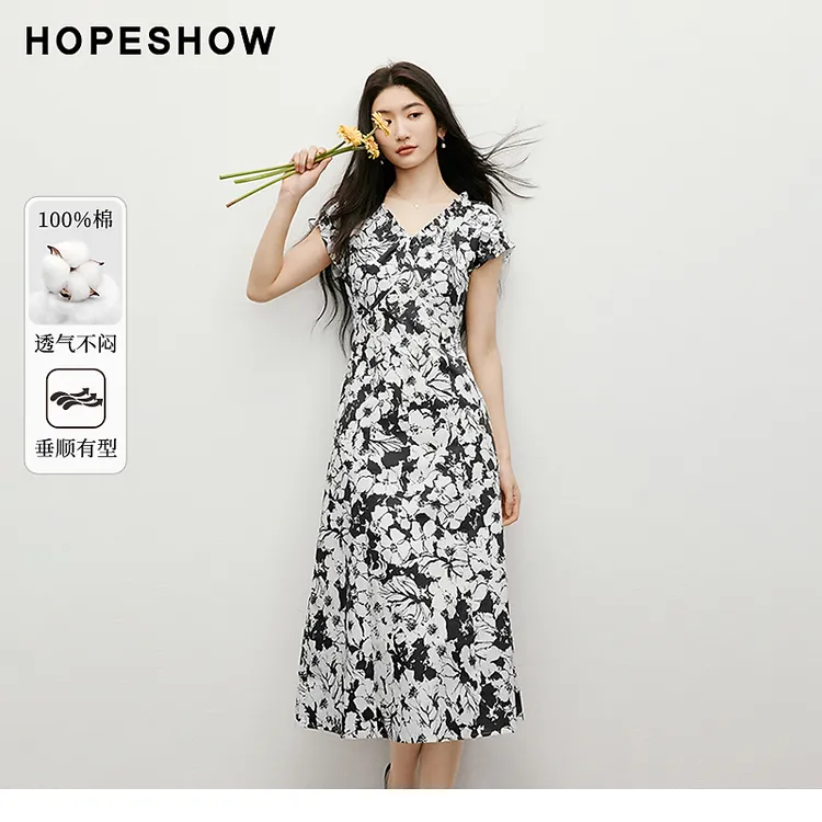 红袖2025夏季新款女装插肩手绘印花收腰V领套头连衣裙90225121607