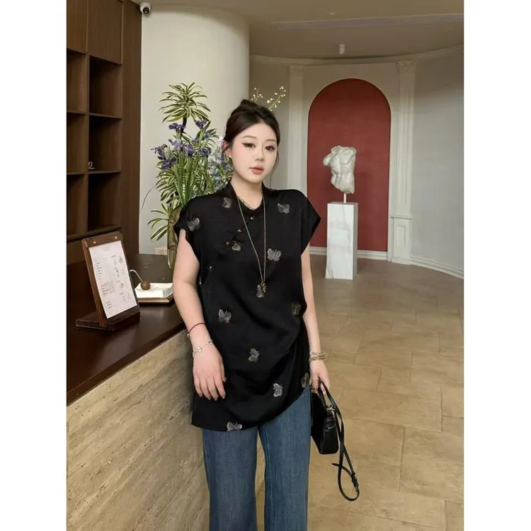 琪琪怪怪大码女装【年华】小众新中式国风蝴蝶刺绣衬衫T17165QD