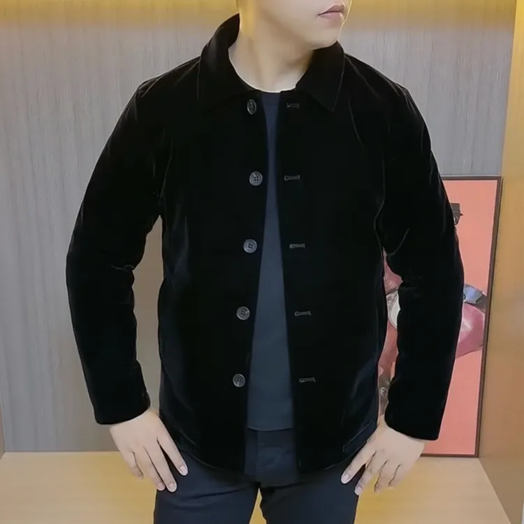 2025冬季男士商务棉服新款纯色加厚翻领保暖行政棉衣金丝绒修身