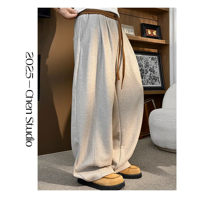 「陈叔」秋冬新款潮流复古人字纹垂感宽松阔腿加绒百搭弯刀长裤2596