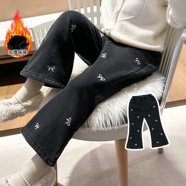 女童裤子加厚牛仔裤秋冬喇叭裤2025新款儿童洋气宝宝一体加绒长裤