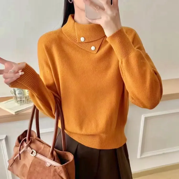 2025韩系慵懒风翻领长袖针织衫女秋冬百搭显瘦高级感复古气质上衣