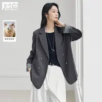 对白复古印花拼接西装外套女2025秋季新款垫肩双排扣时髦西服上衣