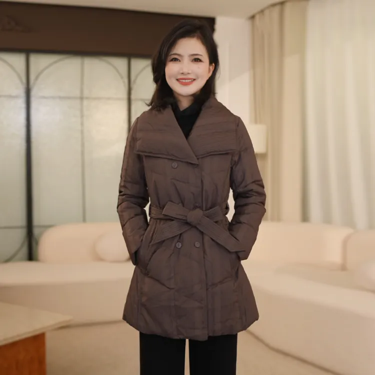 枫竺阿楠anan90白鸭绒气质大翻领收腰中长款双排扣羽绒服女冬外套