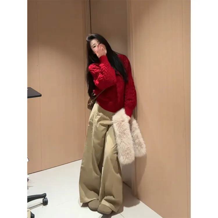 MARIE.COCO秋冬新年红色软糯麻花针织衫毛衣高腰阔腿休闲裤套装
