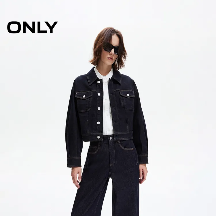 ONLY2025秋季新款翻领撞色明线短款牛仔春季工装外套女|125354009