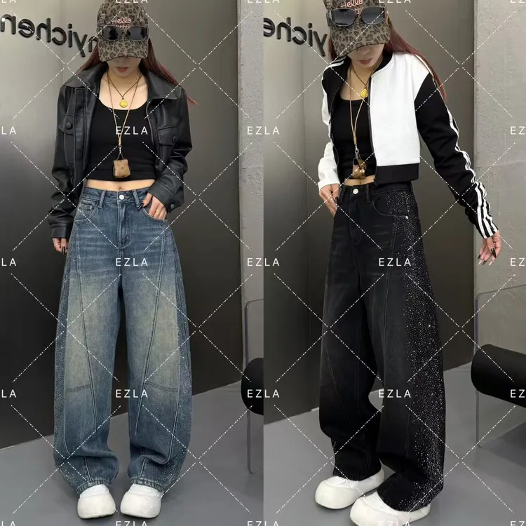 EZ8790-2满天星复古蓝2026冬季弯刀裤小个子氛围感牛仔裤子
