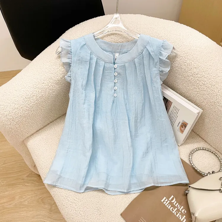 日系小清新压褶荷叶边设计背心衬衫女夏季甜美减龄百搭小飞袖上衣