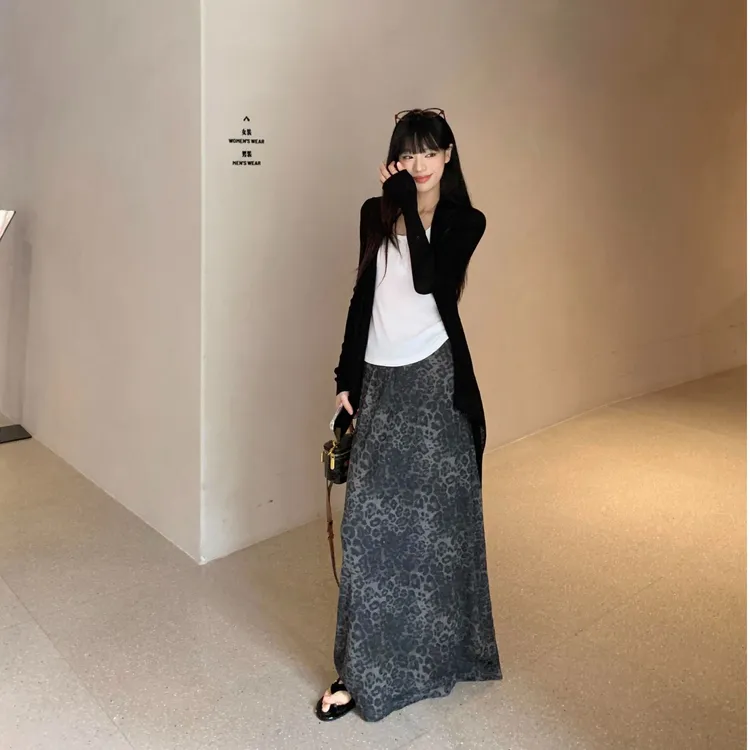 一整套ootd穿搭韩系长袖开衫外套修身显瘦上衣豹纹半身裙子套装女