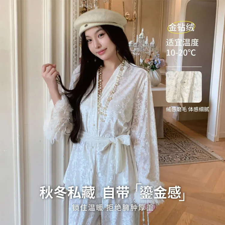 轻奢金丝绒睡衣女秋冬繁花透肤长袖睡衣套装显瘦系绳高级感家居服