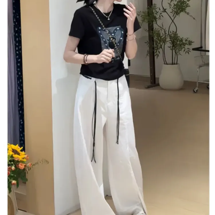气质圆领短袖印花T恤上衣显瘦百搭阔腿裤