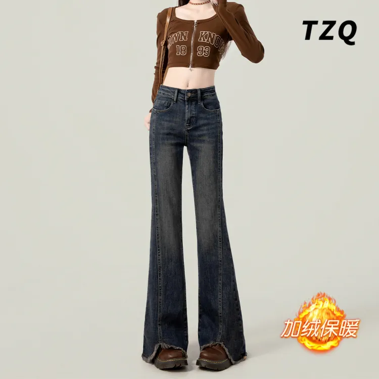 复古蓝设计感高腰毛边微喇牛仔裤女爆款2025新款秋季加绒喇叭裤子