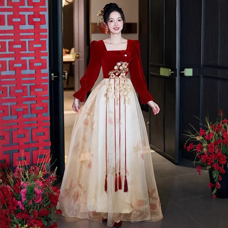 大码敬酒服新娘2025新款长袖法式订婚结婚宴会长款气质春夏礼服ws