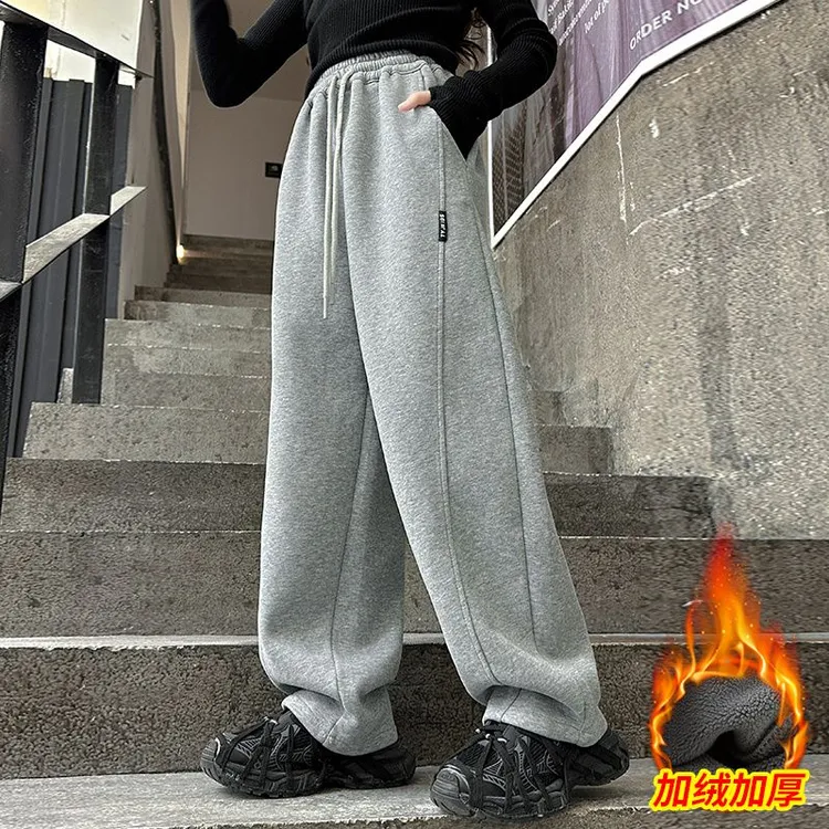 女童加绒裤子秋冬2024新款女大童休闲加厚阔腿卫裤儿童冬季弯刀裤