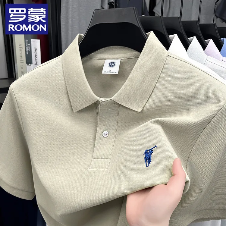 罗蒙100%纯棉高级感刺绣中青年翻领短袖polo衫亲肤透气百搭T恤男