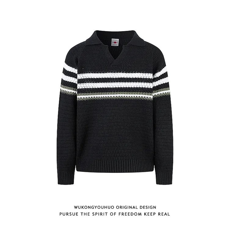 悟空有货老钱风撞色条纹POLO领毛衣男秋冬复古休闲百搭针织衫上衣