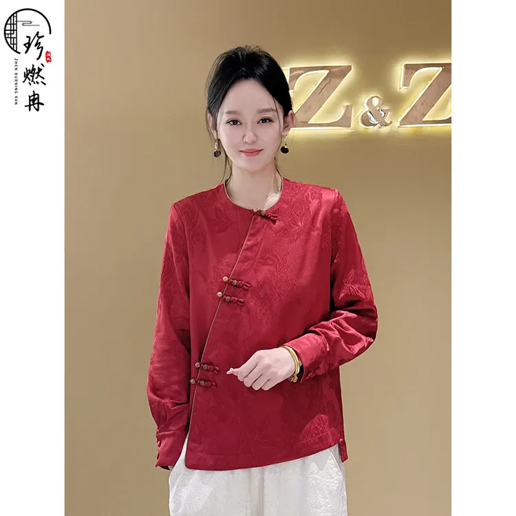 【珍珍新中式】长袖国风上衣红色宽松中国风提花短款网红S-11076