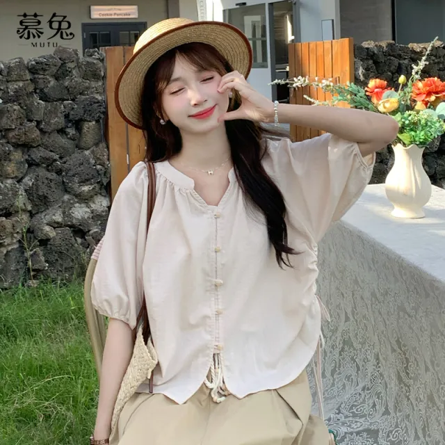 尔已法式甜美抽绳褶皱灯笼袖衬衫女2025夏季新款宽松百搭短袖上衣