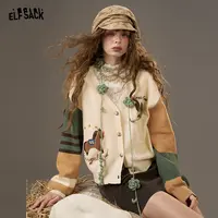 妖精的口袋小马毛巾绣撞色开衫毛衣女2025秋季新款绵羊毛v领外套