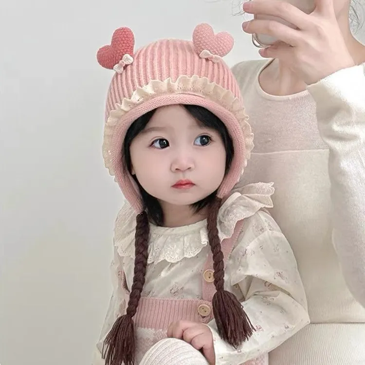 2025新款女童毛线帽辫子爱心甜美公主护耳女孩保暖帽女宝宝婴幼儿