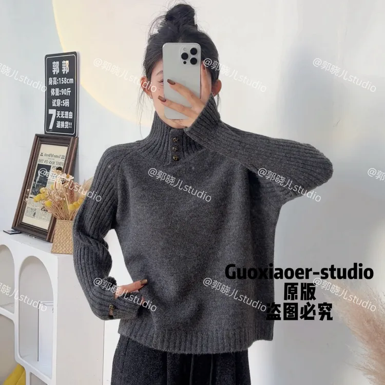 2025秋冬新款韩版宽松高领长袖百搭针织衫女洋气加厚翻领毛衣7818