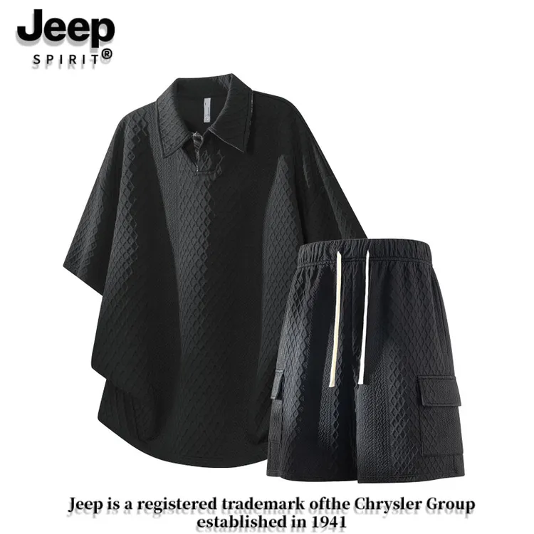 JEEPSPIRIT老钱风休闲男士夏季套装宽松POLO衫男装运动两件套