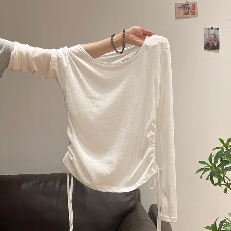 韩版纯色防晒罩衫绑带褶皱长袖T恤女2025夏季微透休闲薄款上衣女