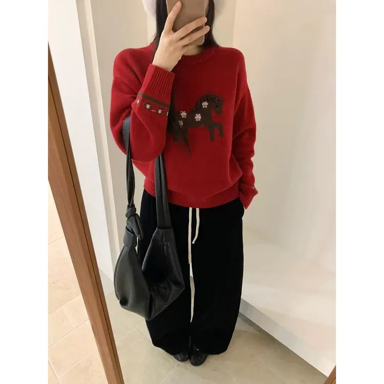 【123严选服】 韩系手工花花小马圆领简约百搭秋冬针织衫0181008