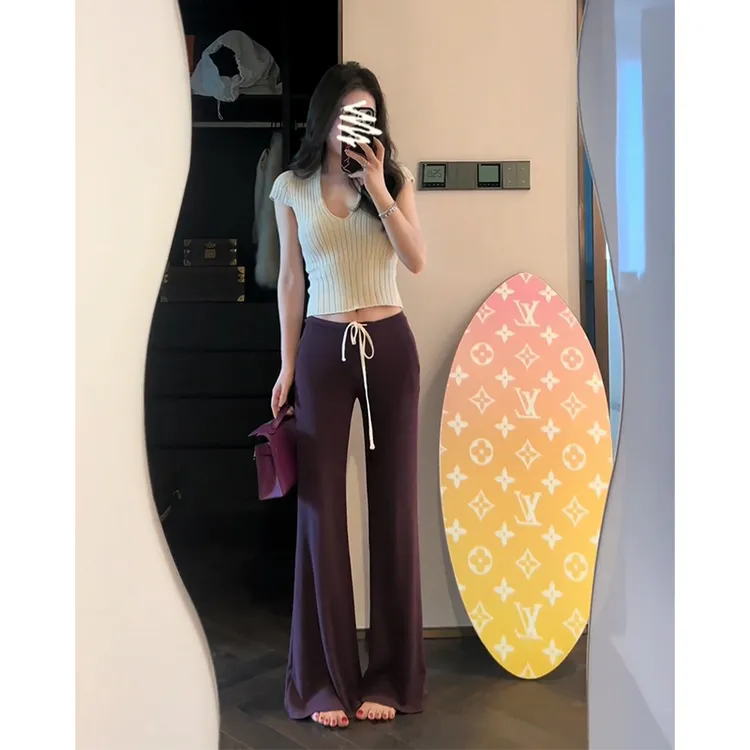 2025夏季新款女高级感修身V领短袖针织上衣气质高腰系带阔腿长裤