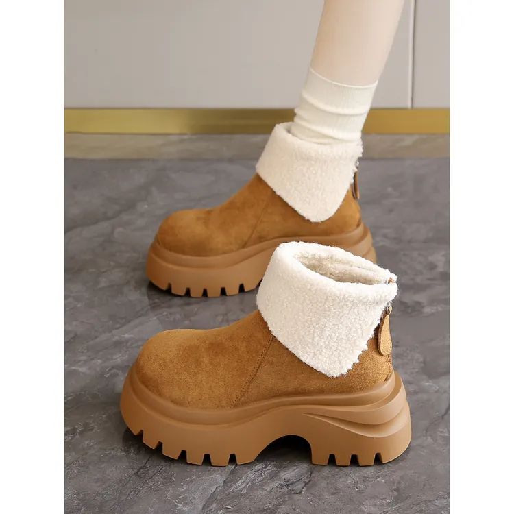 白鹿同款加绒加厚雪地靴女2025新款冬季马丁靴厚底翻领毛毛大棉鞋