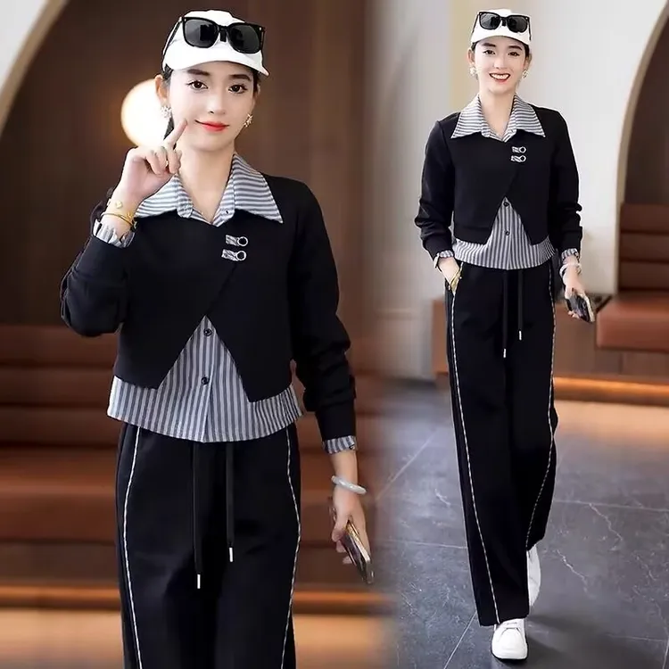 微胖mm时尚休闲套装女士春秋季大码显瘦遮肉洋气质款妈妈装运动服