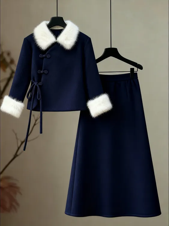 名媛新中式穿搭一整套女2025新款加绒斜襟盘扣上衣气质半身裙套装